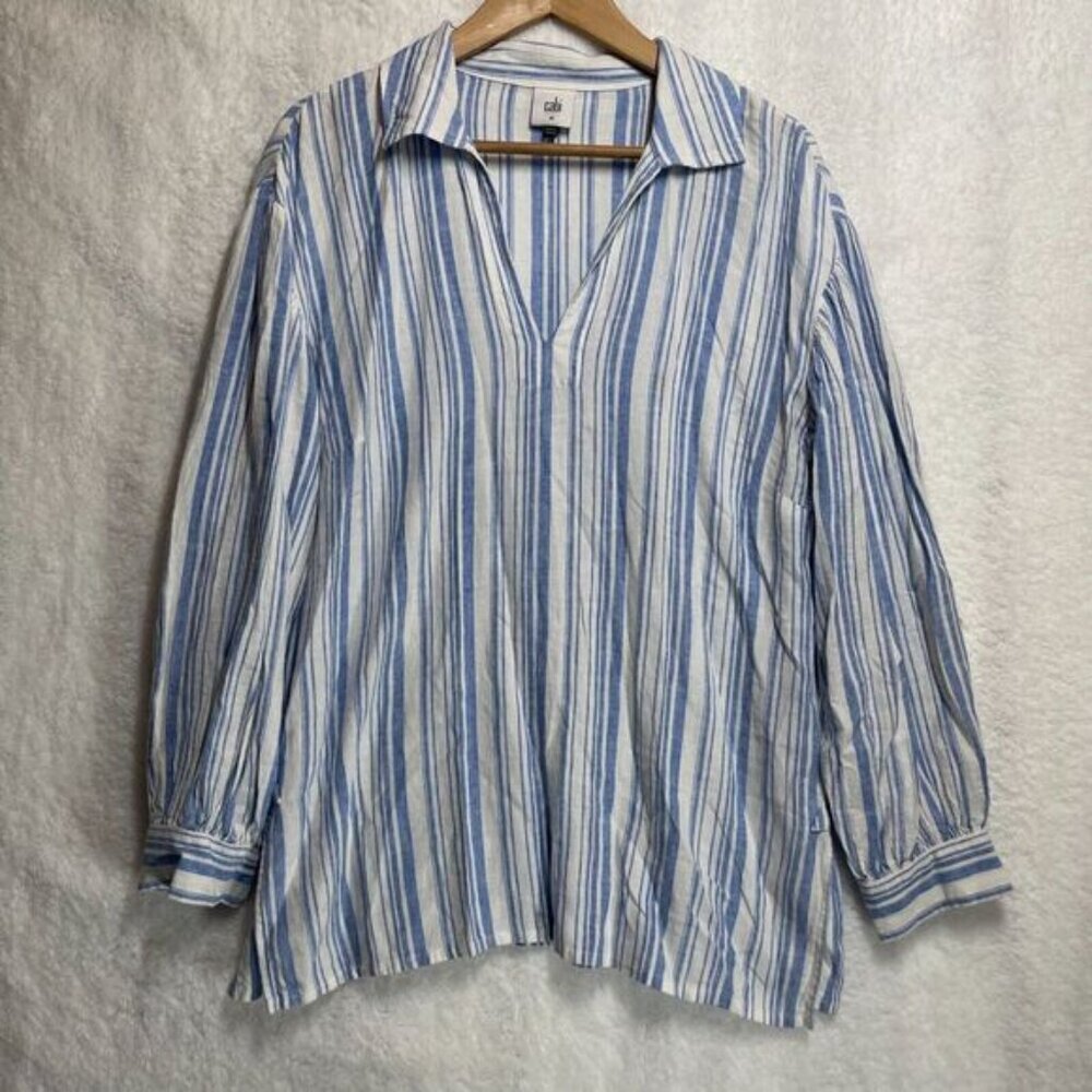 Cabi Harbor Top Style 5894 Women’s Medium Blue White Striped Linen Blend Tunic